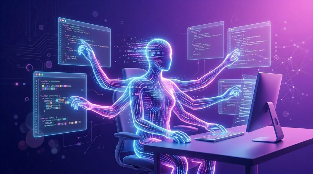 איור מושגי של סוכן קוד אוטונומי Claude Code עובד לצד מפתח מול מספר חלונות קוד — הטמעת Claude Code בצוותי פיתוח